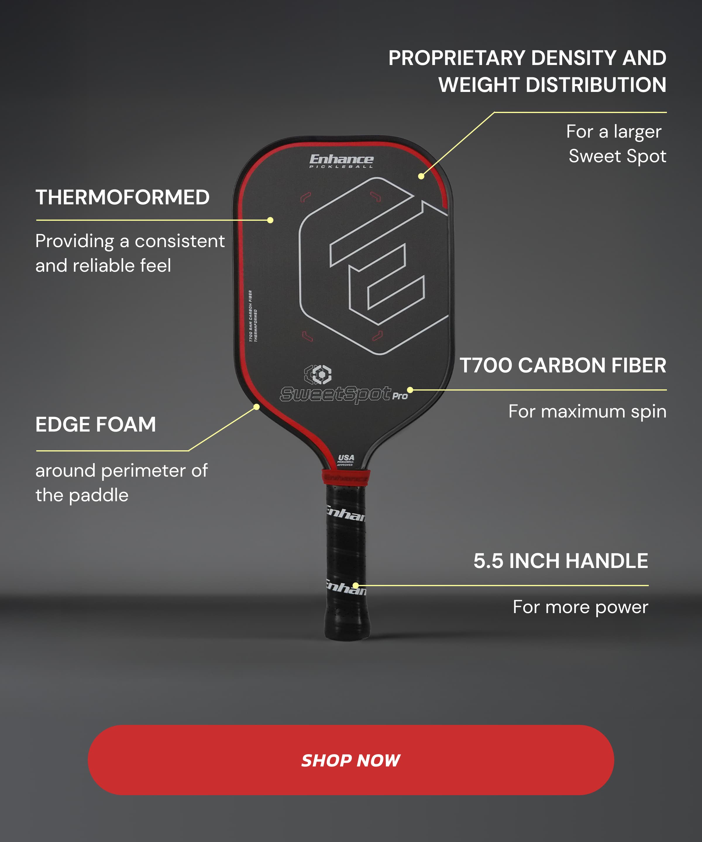Thermoformed   Providing a consistent and reliable feel   Proprietary Density and Weight Distribution   For a larger  Sweet Spot   Edge Foam   around perimeter of the paddle  T700 Carbon Fiber   For maximum spin 5.5 inch Handle  For more power    Shop now