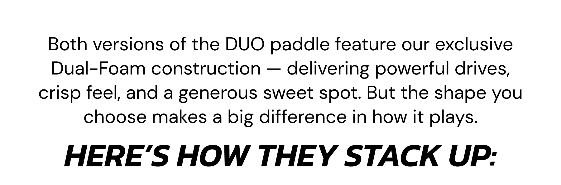 Both versions of the DUO paddle feature our exclusive Dual-Foam construction — delivering powerful drives, crisp feel, and a generous sweet spot. But the shape you choose makes a big difference in how it plays. Here's how they stack up: