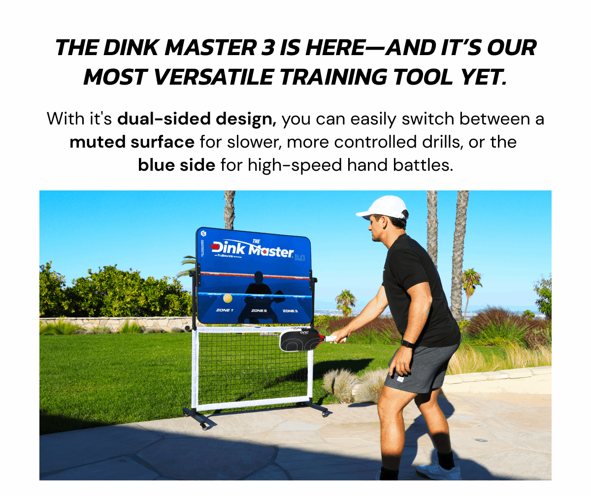 The Dink Master 3 is here- and it's our most versatile training tool yet. With it's dual- sided design, you can easily switch between a muted surface for slower, more controlled drills, or the blue side for high- speed hand battles. 