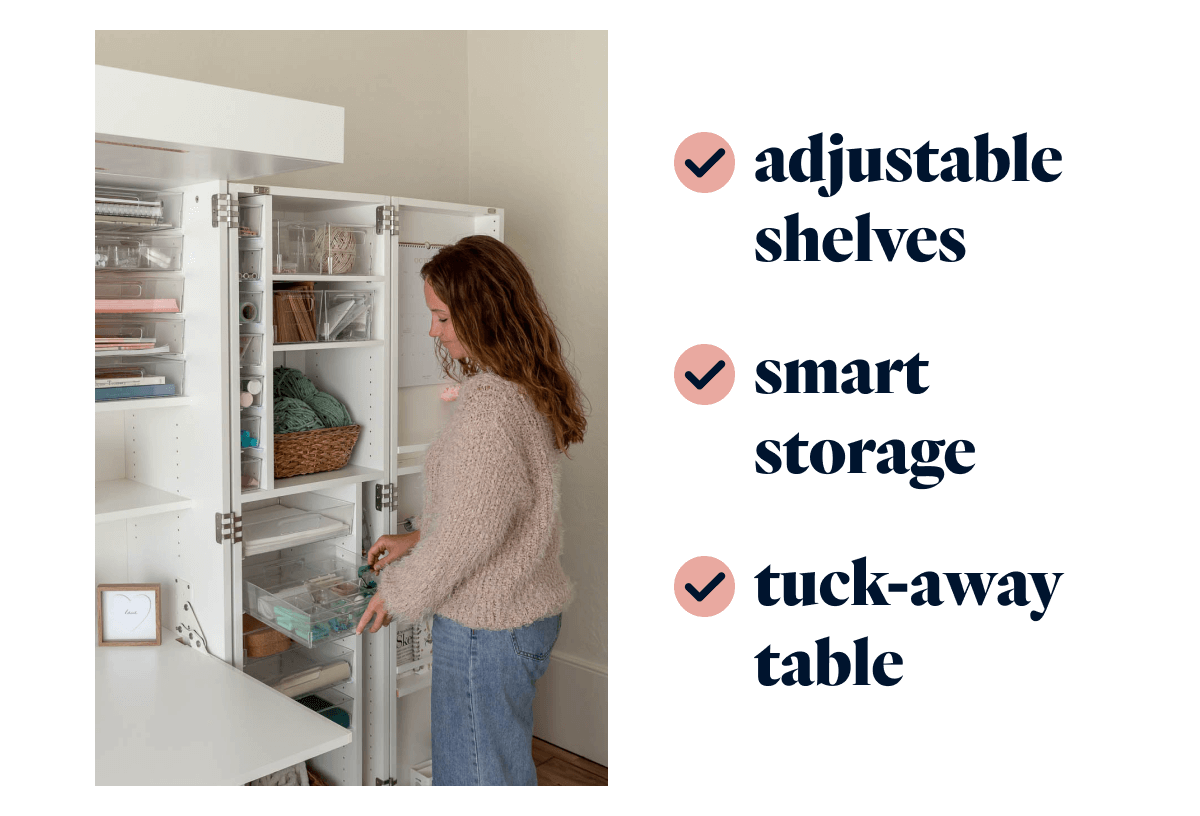 Adjustable shelves, Smart storage, Tuck-away table
