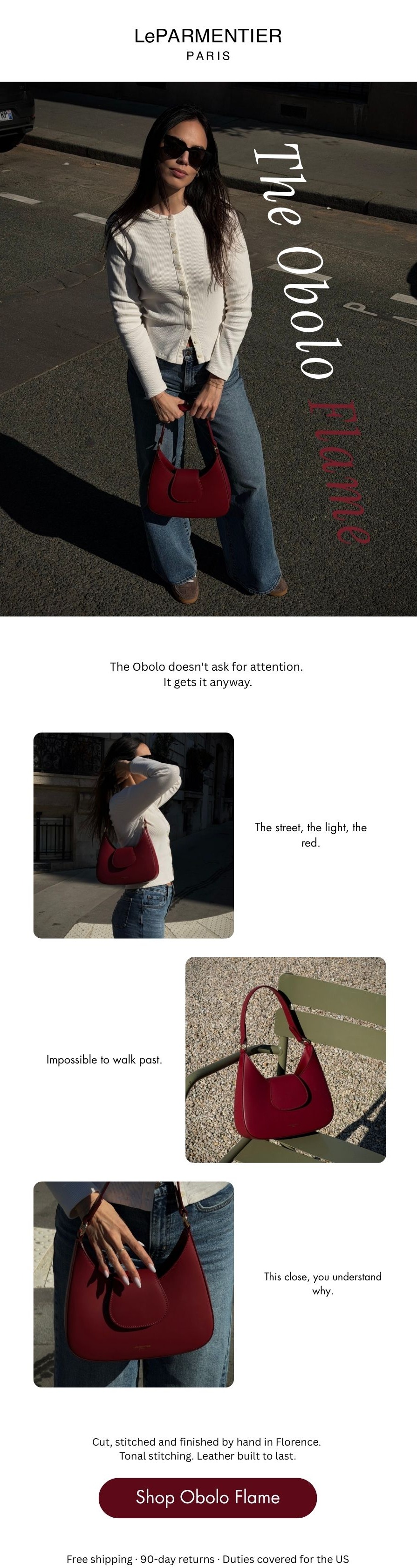 The Obolo Flame doesn't ask for attention. It gets it anyway. Cut, stitched and finished by hand in Florence. Tonal stitching, leather built to last. Shop Obolo Flame