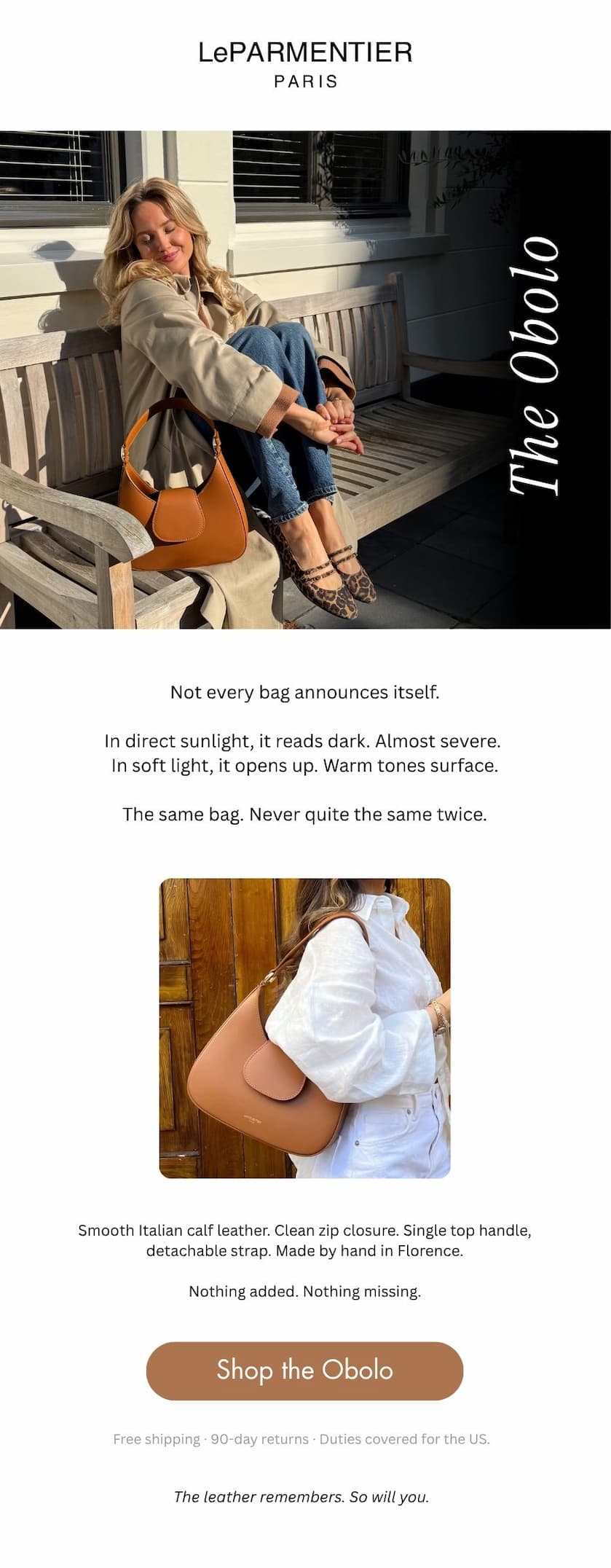 The Obolo: not every bag announces itself. In direct sunlight, it reads dark. Almost severe. In soft light, it opens up. Warm tones surface.