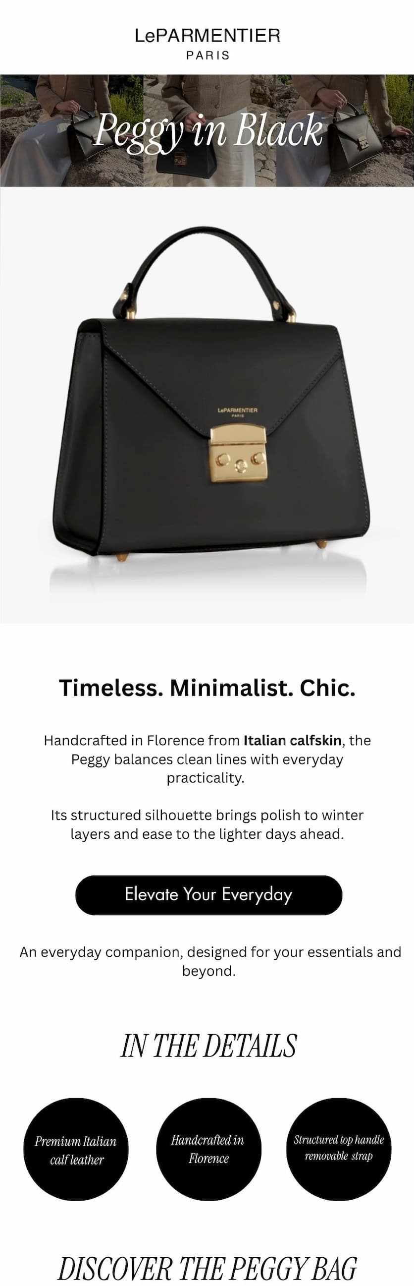 Discover the Peggy Bag in Black Caviar. 