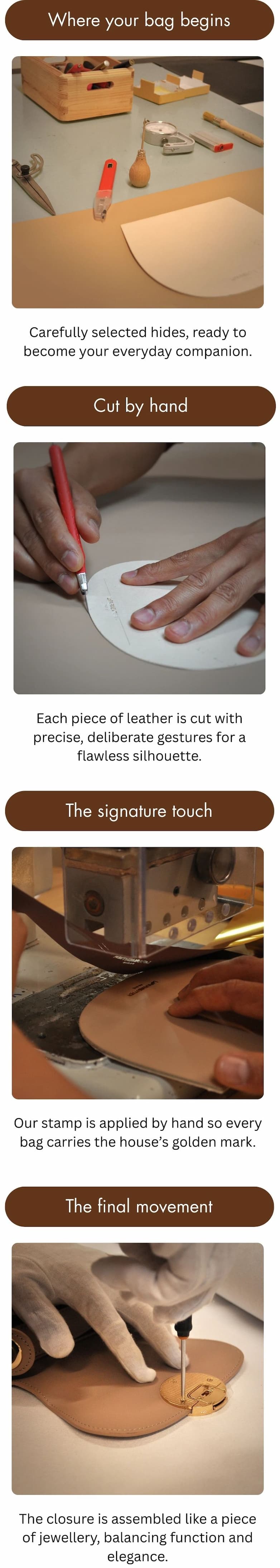 Production process: where your bag begins, cut by hand, the signature touch, the final movement