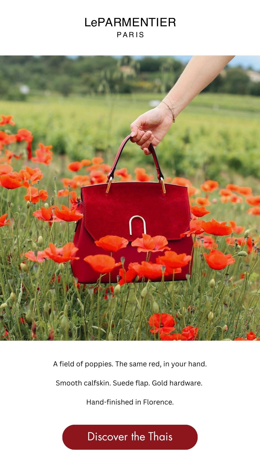 Discover the Thais Red: smooth calfskin. Suede flap. Gold hardware. Hand-finished in Florence