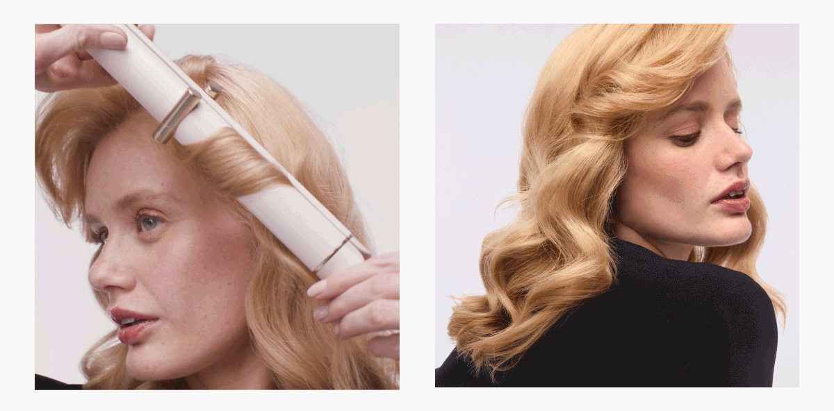 model styling her hair in a ribbon curl technique 