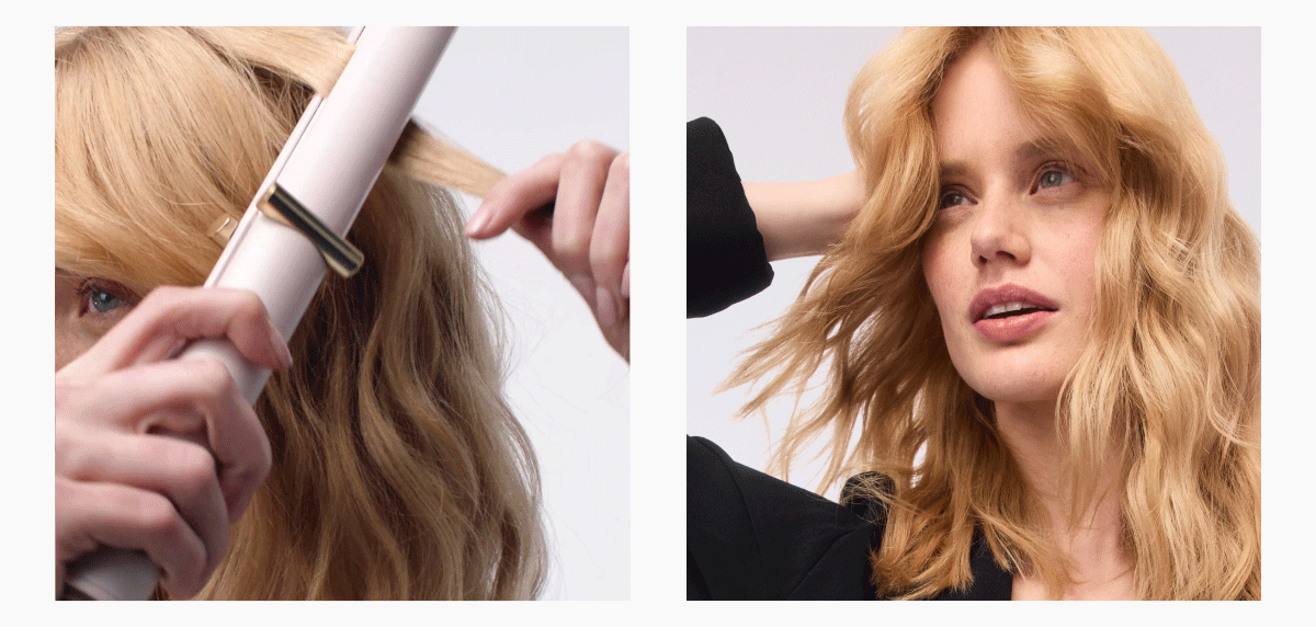 model doing her hair with curling straightener 