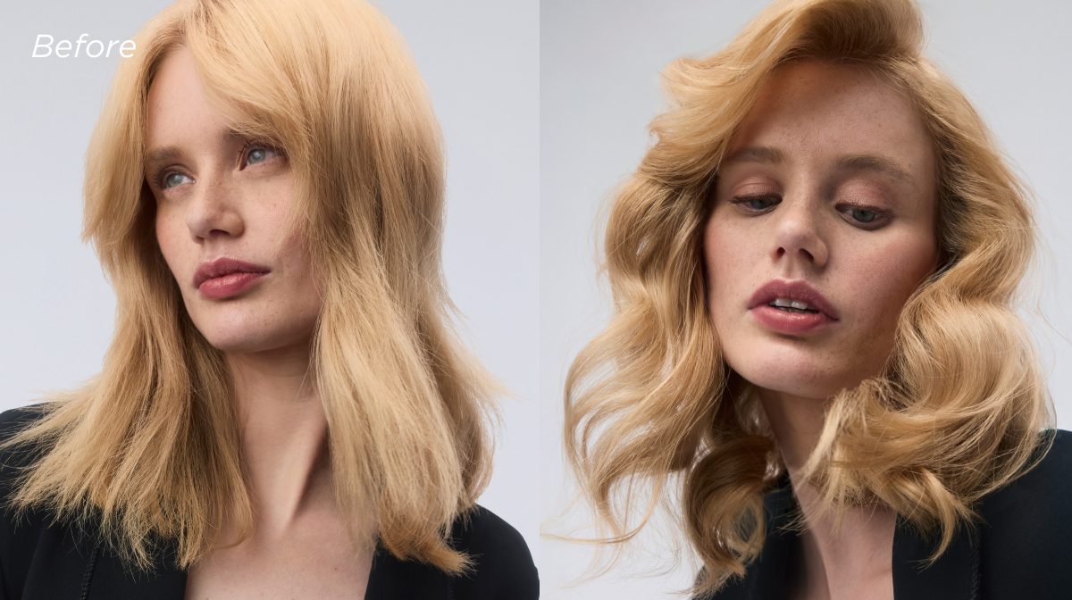 Before and after of model hairstyle using Curling Straightener