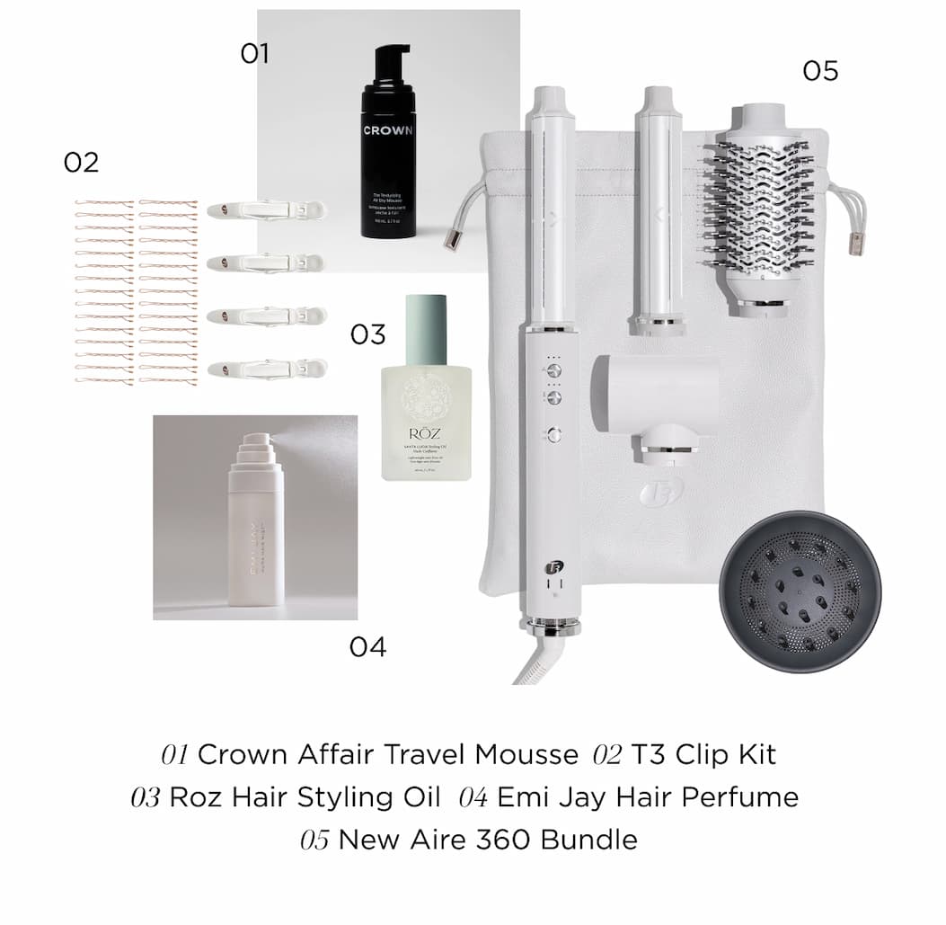 01 Crown Affair Travel Mousse 02 T3 Clip Kit 03 Roz Hair Styling Oil 04 Emi Jay Hair Perfume 05 New Nex-Gen Aire 360 Bundle