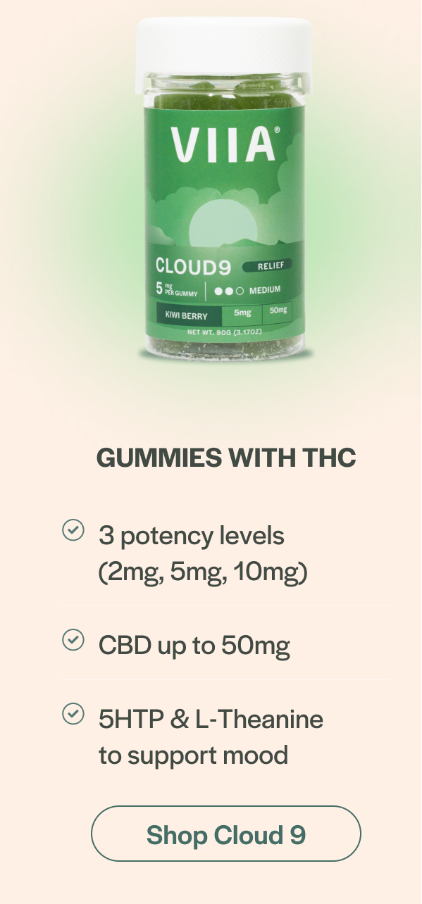 Shop Cloud 9 - gummies with THC. Available in 3 potency levels (2mg, 5mg, 10mg) with CBD up to 50mg, plus 5HTP and L-Theanine to support mood. 