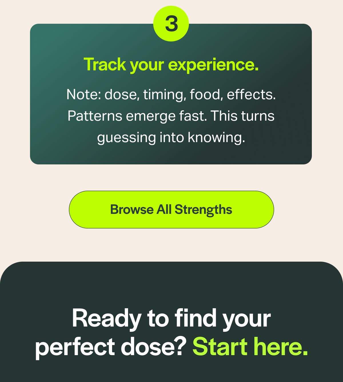 3 Track your experience. Note: dose, timing, food, effects. Patterns emerge fast. This turns guessing into knowing. [Browse All Strengths] Ready to find your perfect dose? Start here.