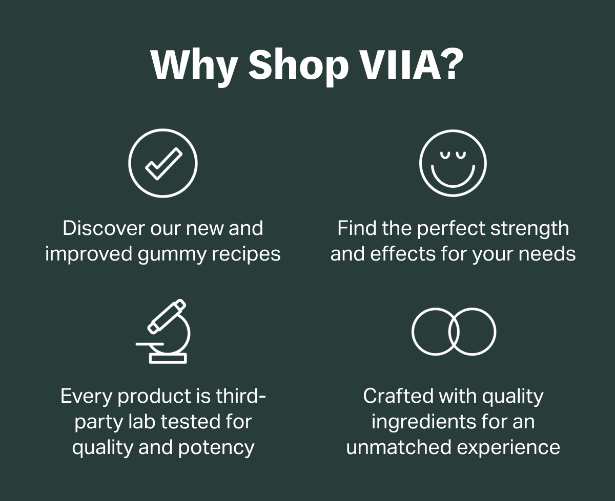 Why Shop VIIA? | Discover our new and improved gummy recipes | Find the perfect strength and effects for your needs | Every product is third-party lab tested for quality and potency | Crafted with quality ingredients for an unmatched experience