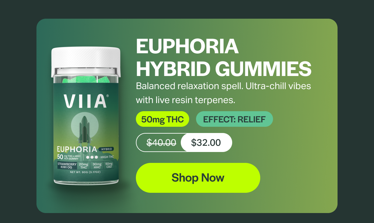 EUPHORIA HYBRID GUMMIES Balanced relaxation spell. Ultra-chill vibes with live resin terpenes. 50mg THC EFFECT: RELIEF $40.00 $32.00 [Shop Now]