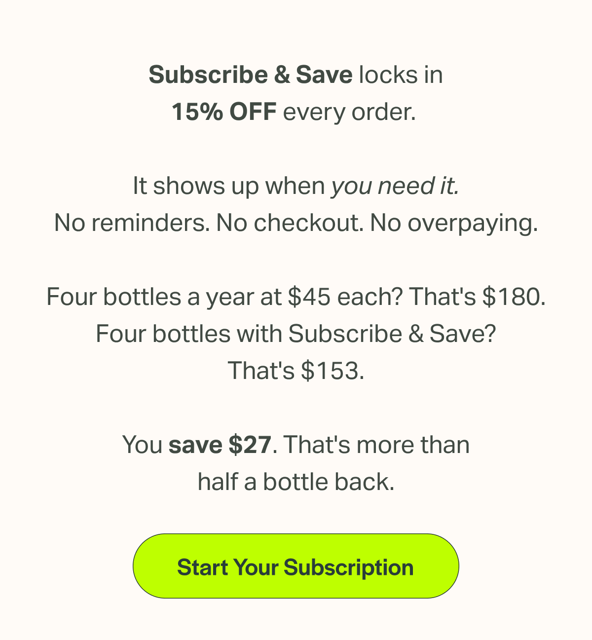 Subscribe & Save locks in 15% OFF every order.   It shows up when you need it. No reminders. No checkout. No overpaying.  Four bottles a year at $45 each? That's $180. Four bottles with Subscribe & Save? That's $153.  You save $27. That's more than half a bottle back.