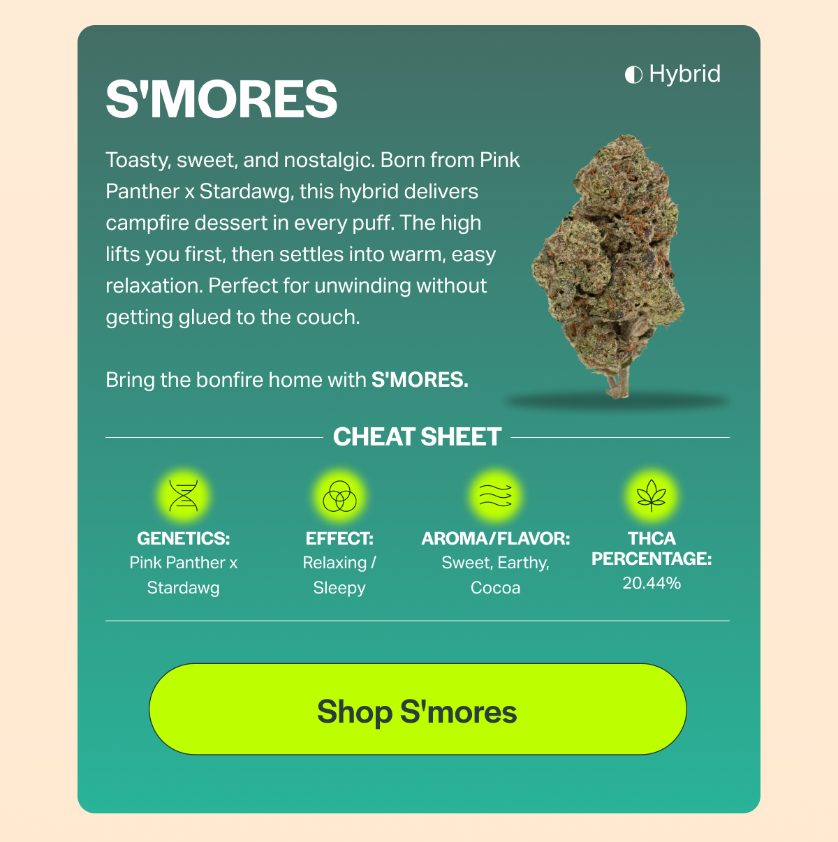 S'MORES Toasty, sweet, and nostalgic. Born from Pink Panther × Stardawg, this hybrid delivers campfire dessert in every puff. The high lifts you first, then settles into warm, easy relaxation. Perfect for unwinding without getting glued to the couch. Bring the bonfire home with S'MORES. CHEAT SHEET GENETICS: Pink Panther x Stardawg EFFECT: Relaxing / Sleepy AROMA/FLAVOR: Sweet, Earthy, Cocoa [Shop S'mores] • Hybrid THCA PERCENTAGE: 20.44%