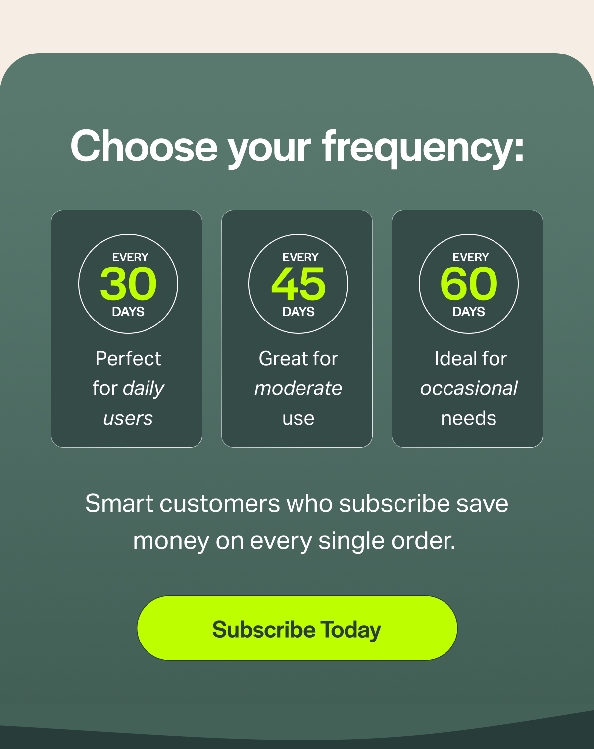 Choose your frequency: EVERY 30 DAYS Perfect for daily users EVERY 45 DAYS Great for moderate use EVERY 60 DAYS Ideal for occasional needs Smart customers who subscribe save money on every single order. [Subscribe Today]