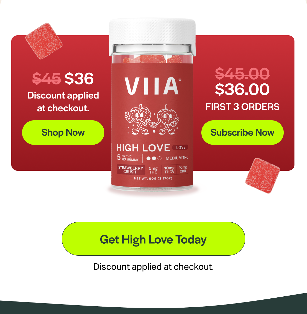 $36 Discount applied at checkout. [Shop Now] $36.00 FIRST 3 ORDERS [Subscribe Now] [Get High Love Today] Discount applied at checkout.