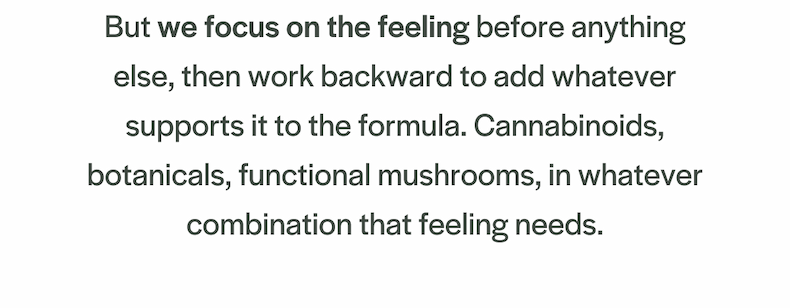 But we focus on the feeling before anything else, then work backward to add whatever supports it to the formula. Cannabinoids, botanicals, functional mushrooms, in whatever combination that feeling needs.
