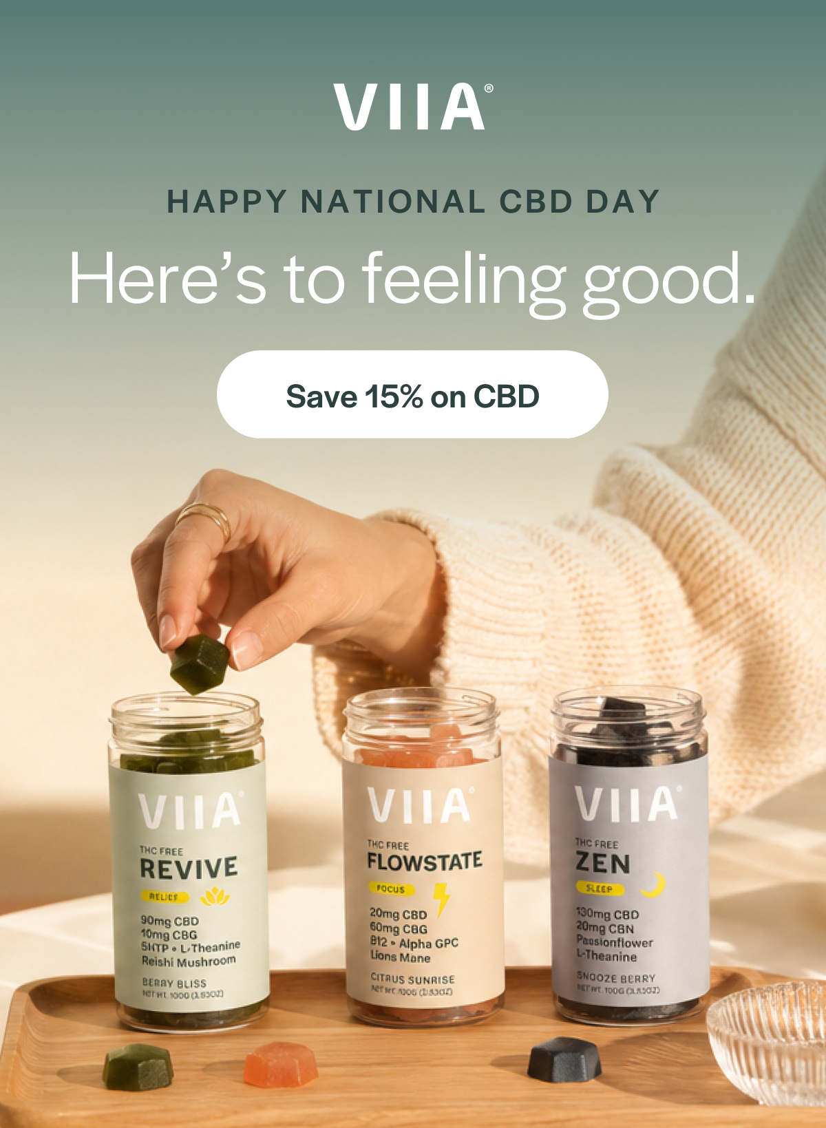 Happy National CBD Day. Here's to feeling good. Save 15% on CBD