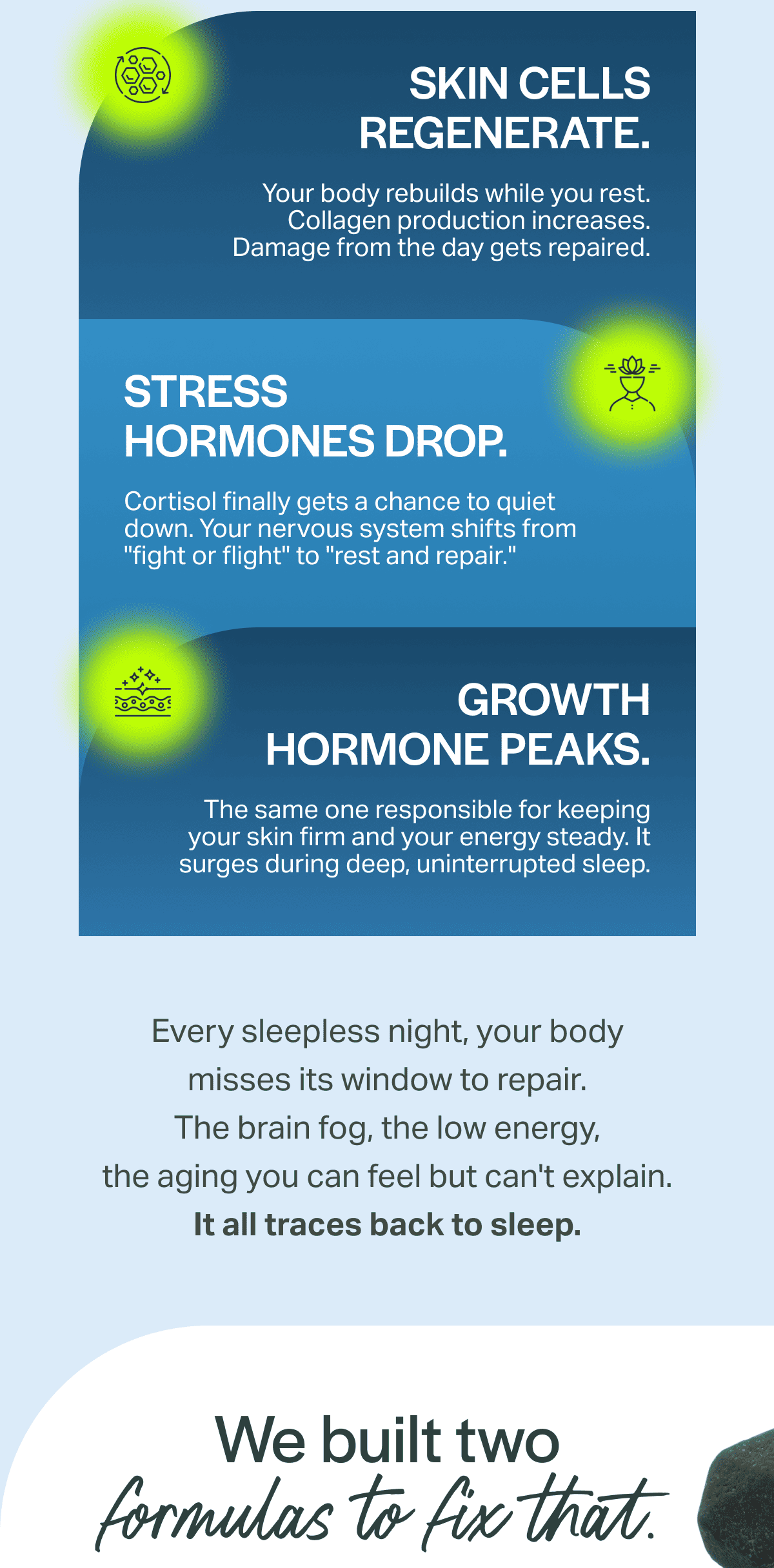 Every sleepless night, your body misses its window to repair. The brain fog, the low energy, the aging you can feel but can't explain. It all traces back to sleep.