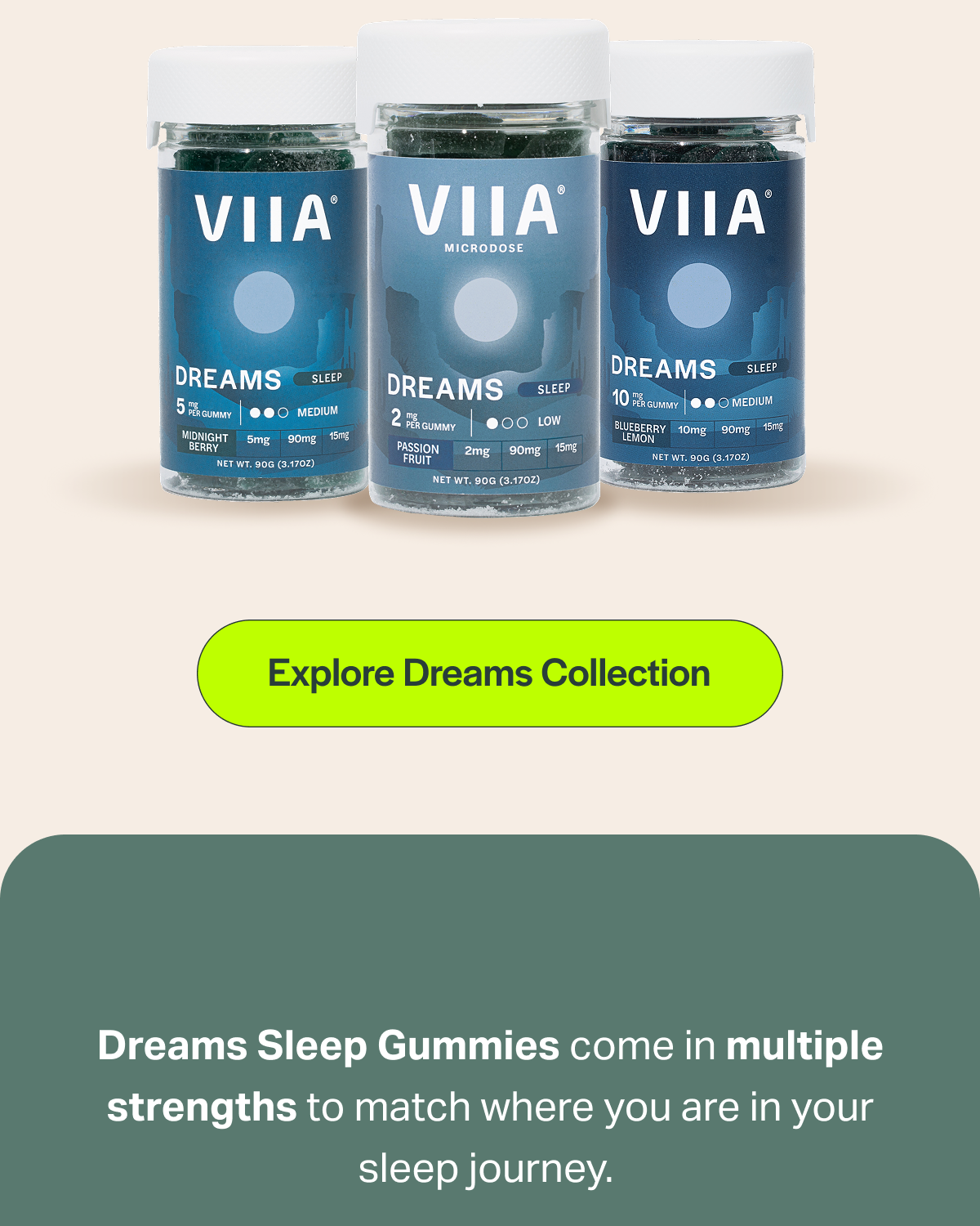 [Explore Dreams Collection] Dreams Sleep Gummies come in multiple strengths to match where you are in your sleep journey.