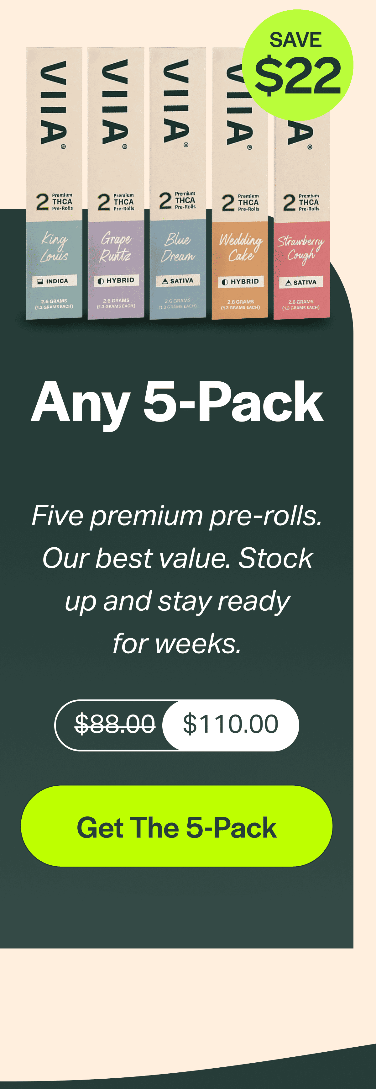 Five premium pre-rolls. Our best value. Stock up and stay ready for weeks.
