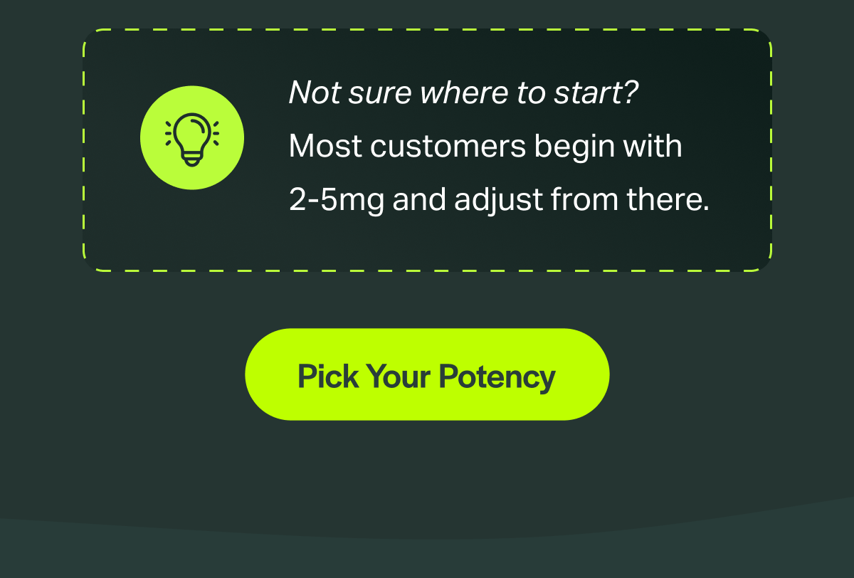 Not sure where to start? Most customers begin with 2-5mg and adjust from there.  [Pick Your Potency]