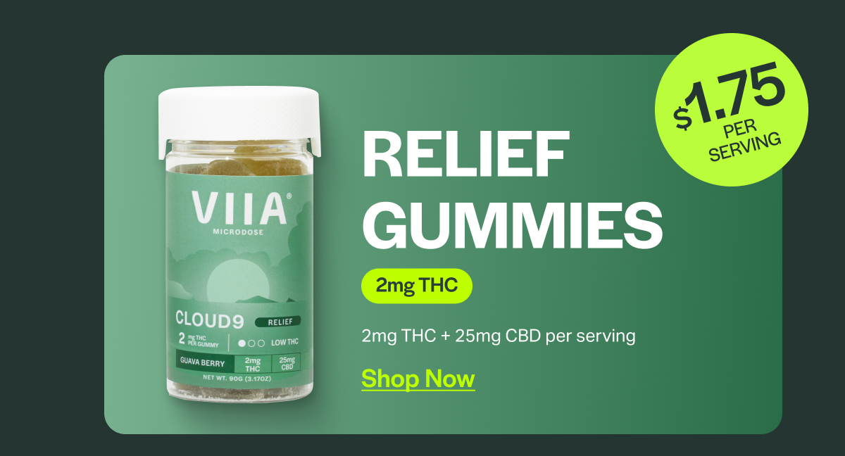 $1.75 PER SERVING  RELIEF GUMMIES 2mg THC 2mg THC + 25mg CBD per serving Shop Now