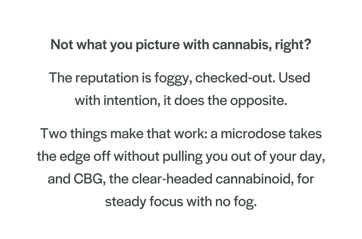A microdose takes the edge off without pulling you out of your day, and CBG, the clear-headed cannabinoid, for steady focus with no fog.