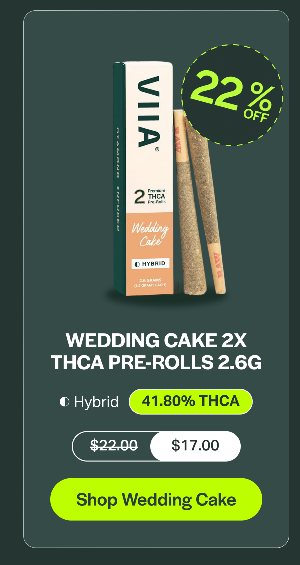 WEDDING CAKE 2X THCA PRE-ROLLS 2.6G Hybrid 41.80% THCA $22.00 $17.00 [Shop Wedding Cake]