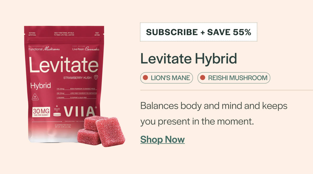 Levitate Hybrid - Balances body and mind and keeps  you present in the moment. Lion's Mane, Reishi Mushroom. Subscribe and Save 55%.