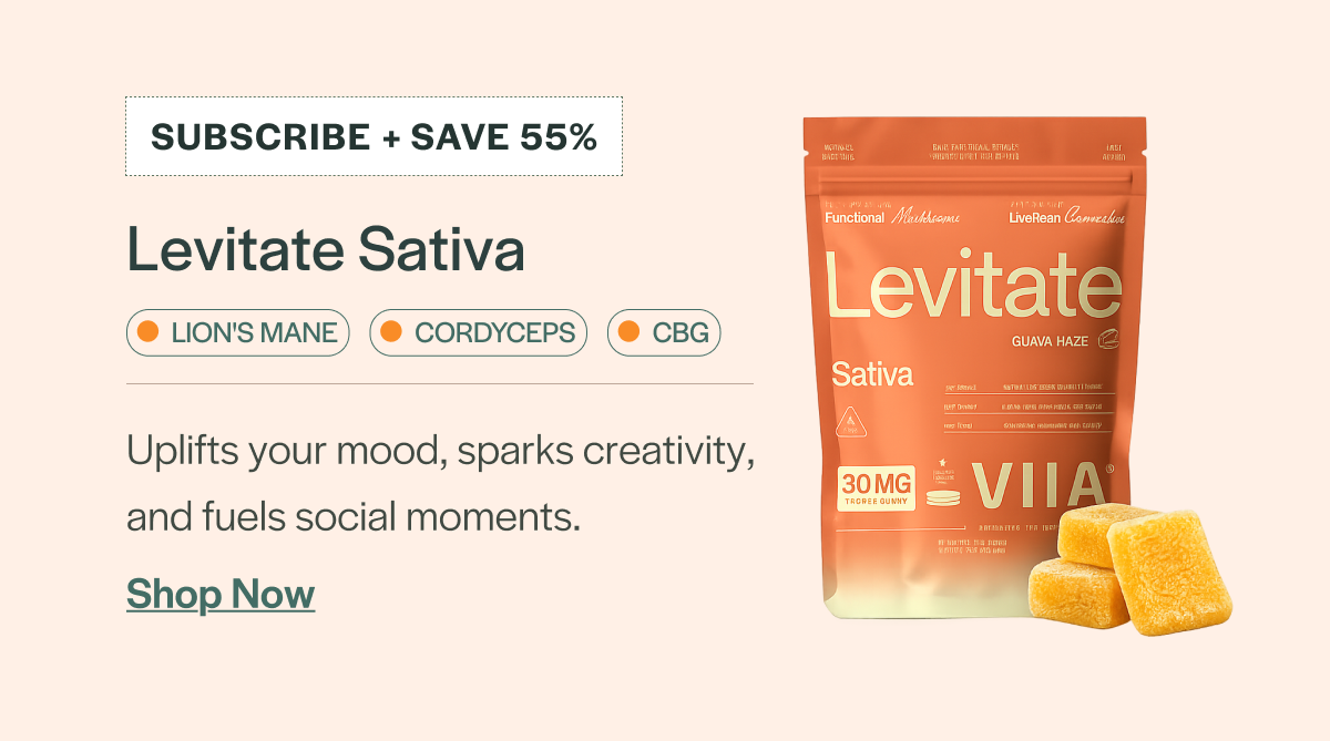 Levitate Sativa. Uplifts your mood, sparks creativity,  and fuels social moments. Lion's Mane, Cordyceps and CBG. Subscribe and save 55%.