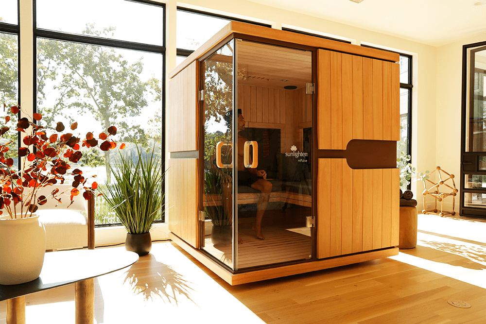 Image of Sunlighten’s infrared sauna for home with link to purchase and save up to $1,700 off + FREE shipping for Memorial Day!