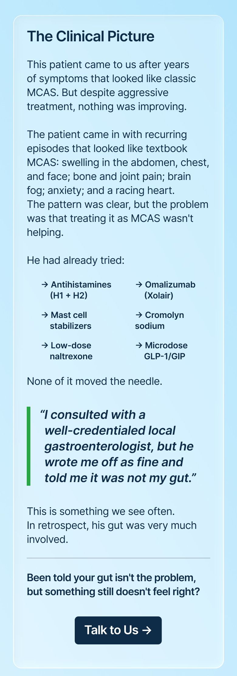 This patient came to us after years of symptoms that looked like classic MCAS. But despite aggressive treatment, nothing was improving.