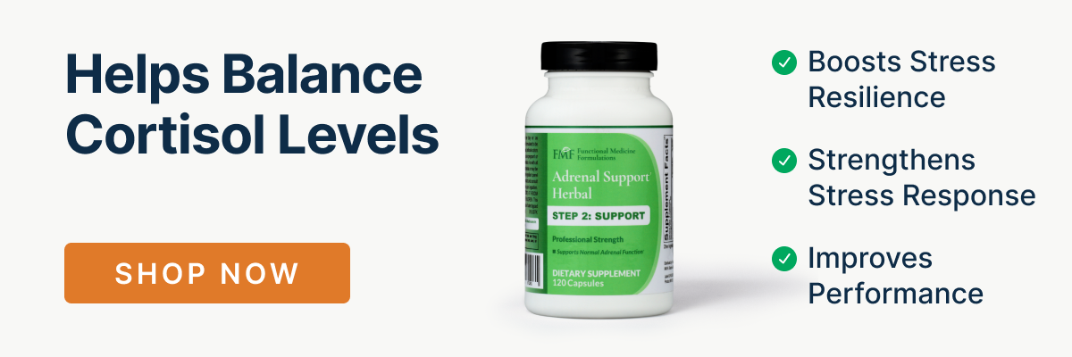 Product banner for Adrenal Support Herbal featuring the text “Helps Balance Cortisol Levels. Boost Stress Resilience, Strengthens Stress Response, Improves Performance.” Includes a "Shop Now" button linking to the Dr. Ruscio store.