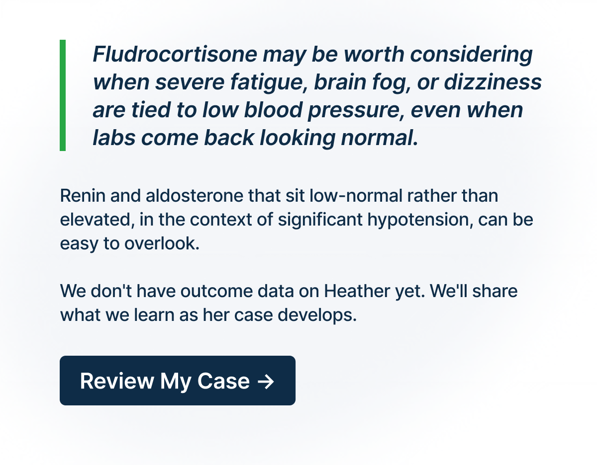 Fludrocortisone may be worth considering when severe fatigue, brain fog, or dizziness are tied to low blood pressure, even when labs come back looking normal.