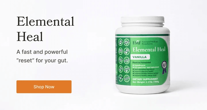 Elemental Heal Product Banner with link to purchase from the Dr. Ruscio Store. Banner copy includes "A fast and powerful 'reset' for your gut."