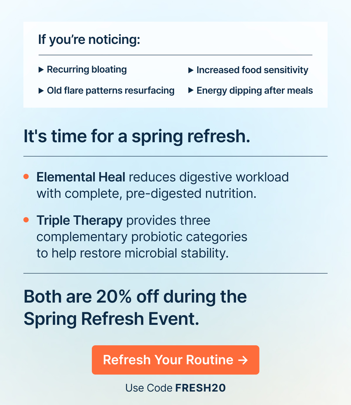If you’re noticing: Recurring bloating. Increased food sensitivity. Old flare patterns resurfacing. Energy dipping after meals.