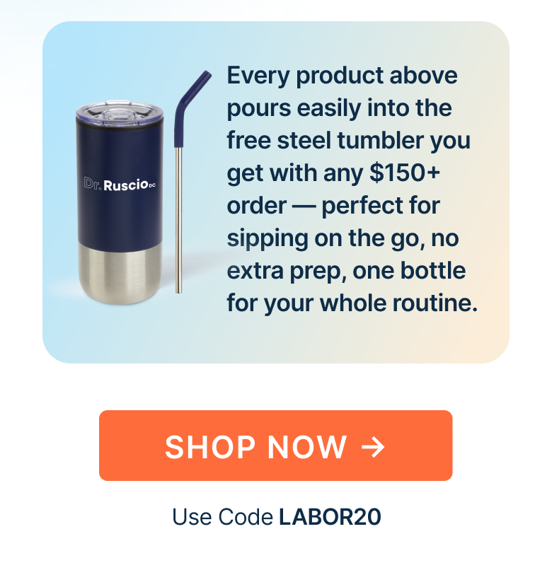 Every product above pours easily into the free steel tumbler you get with any $150+ order — perfect for sipping on the go, no extra prep, one bottle for your whole routine.