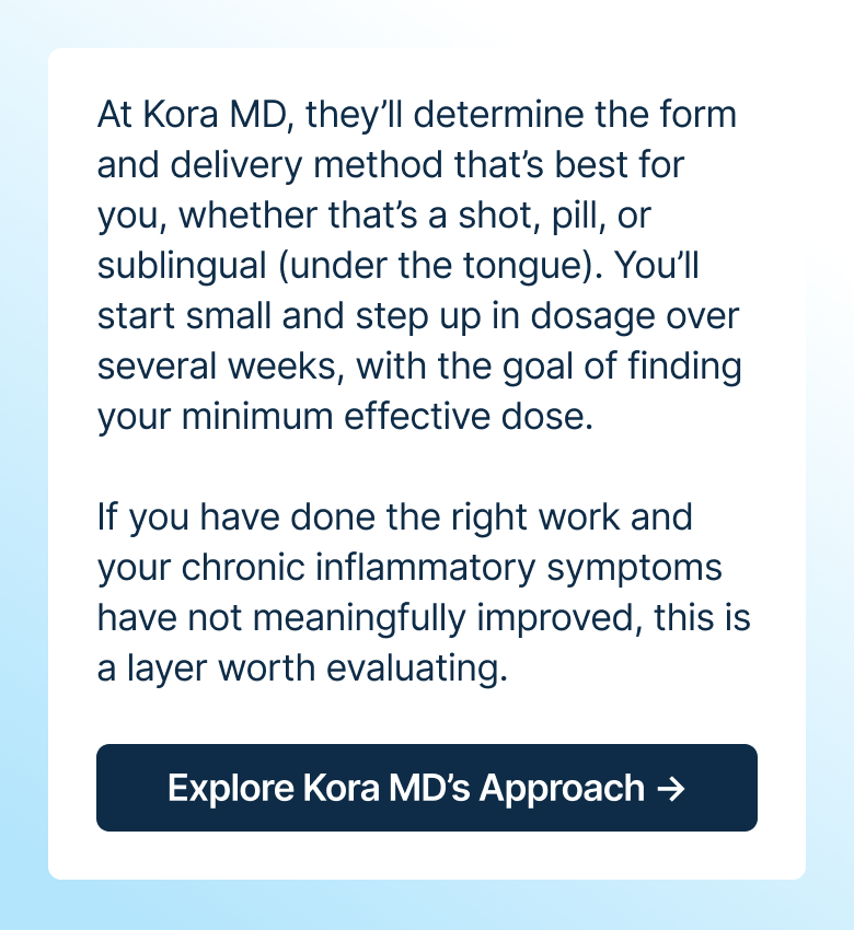 At Kora MD, they’ll determine the form and delivery method that’s best for you, whether that’s a shot, pill, or sublingual (under the tongue).