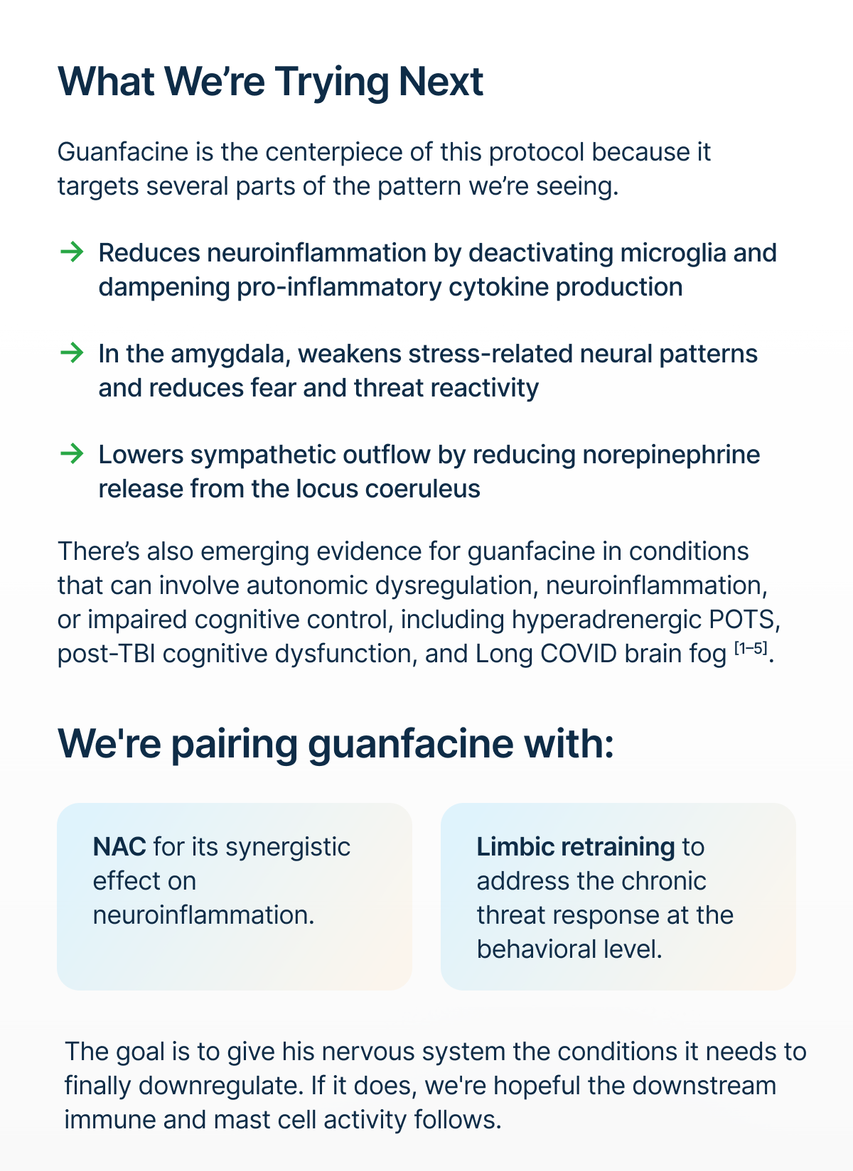 Guanfacine is the centerpiece of this protocol because it targets several parts of the pattern we’re seeing.