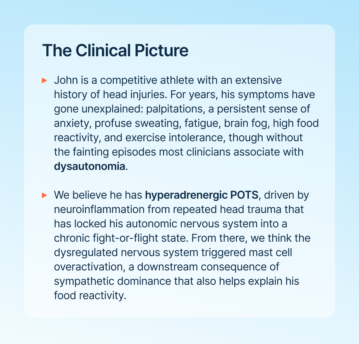 John is a competitive athlete with an extensive history of head injuries.