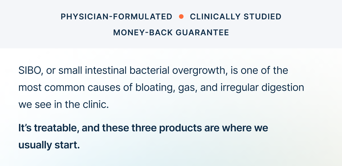 SIBO, or small intestinal bacterial overgrowth, is one of the most common causes of bloating, gas, and irregular digestion we see in the clinic.