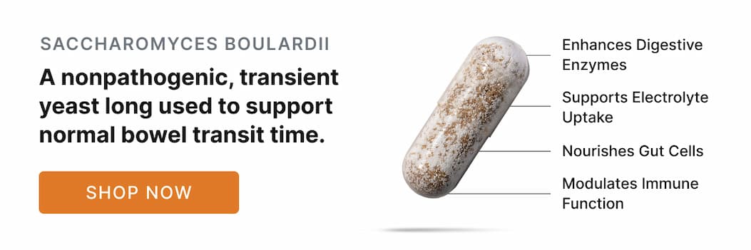 Promo banner for Saccharomyces Boulardii Probiotic—A nonpathogenic, transient yeast long used to support normal bowel transit time. Button: Shop Now.