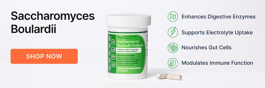 Banner image for Saccharomyces Boulardii probiotic supplement from Dr. Ruscio's store. Text on image highlights benefits: enhances digestive enzymes, supports electrolyte uptake, nourishes gut cells, and modulates immune function. Includes a link to purchase.