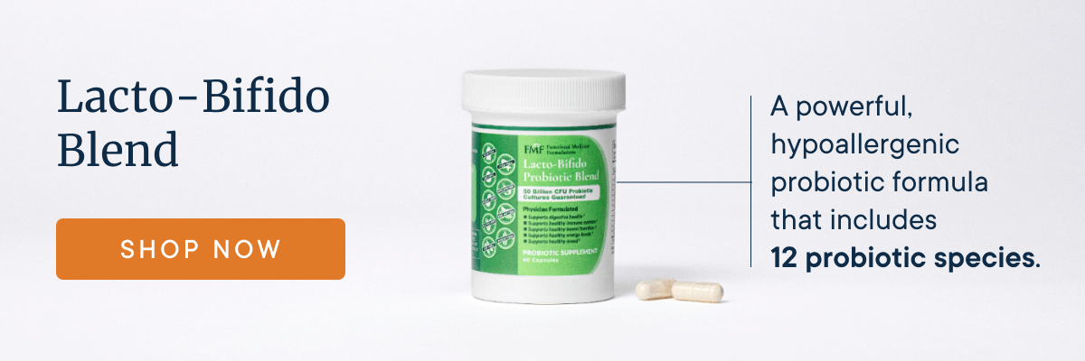 Product banner for Lacto-Bifido Probiotic Blend featuring the text “A powerful hypoallergenic probiotic formula that includes 12 probiotic species.” Includes a "Shop Now" button linking to the Dr. Ruscio store.