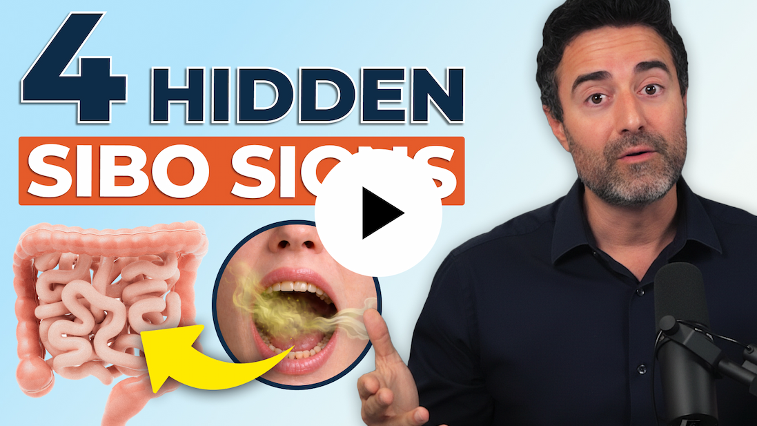 Video still from podcast titled, "4 Health Problems That Are Secretly Signs of SIBO" with link to watch on YouTube