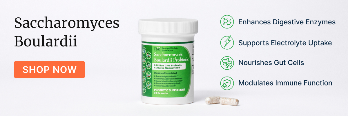 Banner image for Saccharomyces Boulardii probiotic supplement from Dr. Ruscio's store. Text on image highlights benefits: enhances digestive enzymes, supports electrolyte uptake, nourishes gut cells, and modulates immune function. Includes a link to purchase.