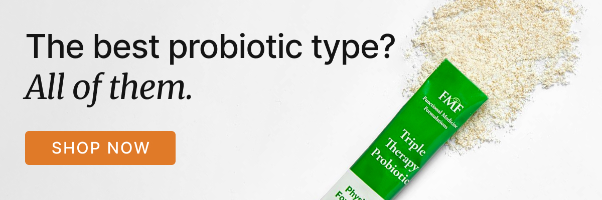 Triple Therapy Probiotic Powder Sticks Product Banner with link to purchase product on the Dr. Ruscio store