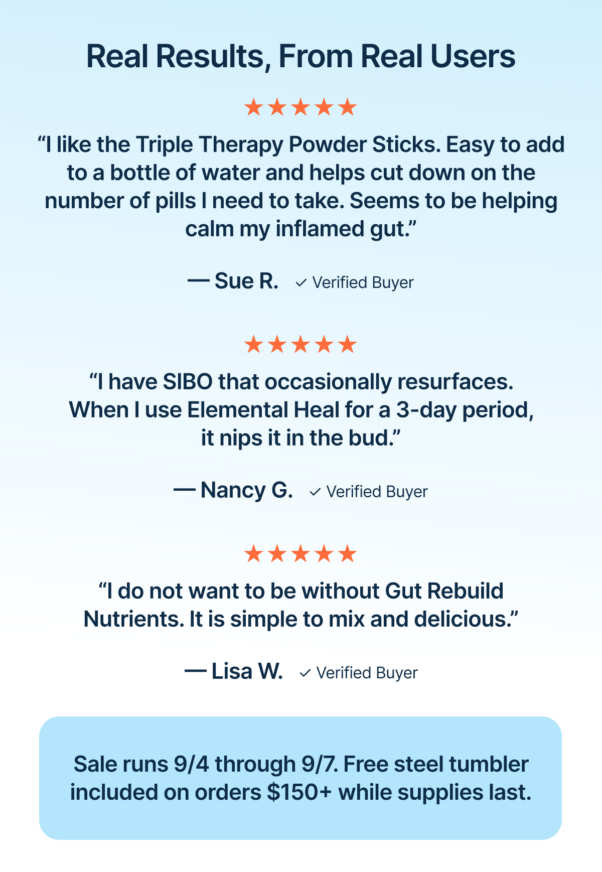 “I like the Triple Therapy Powder Sticks. Easy to add to a bottle of water and helps cut down on the number of pills I need to take. Seems to be helping calm my inflamed gut.”